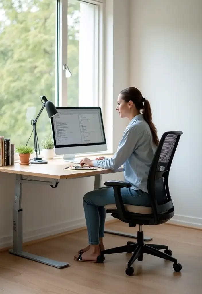 Diagram illustrating proper monitor height and distance with measurements and viewing angles for ergonomic computer setup